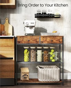 Keskeny konzolasztal 2 fiókkal, 3 szintes, rusztikus barna és fekete színben