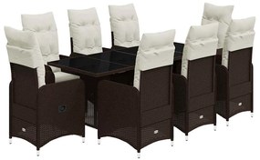 9 részes barna polyrattan kerti bisztrógarnitúra párnákkal
