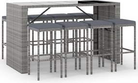 vidaXL 9 részes szürke polyrattan kerti bárszett párnával