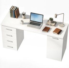 HOMCOM számítógépasztal 4 fiókkal, 140 x 48 x 75 cm, szekrénnyel és állítható polccal, modern irodai asztal irodába vagy hálószobába, fehér | Aosom