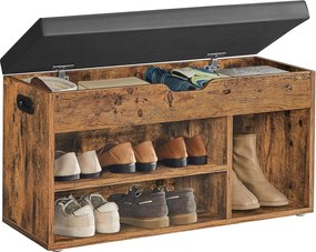 Cipőpad párnázott ülőfelülettel, 3 nyitott rekesszel és rejtett tárolóhellyel, 80 x 30 x 44 cm, 150 kg teherbírással, rusztikus barna