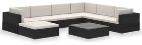8-részes fekete polyrattan kerti bútorszett párnákkal