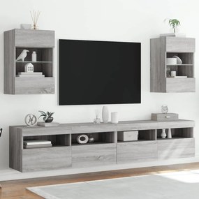 2 db szürke sonoma fali szekrények LED világítással TV-hez 40x30x60,5 cm