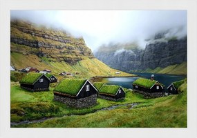 Poszter Keret Fa Tájkép Feröer-szigetek Hegyek Sziklák Házak Település 60x40