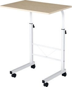 HOMCOM Magasságállítható Kávézó Asztal Mozgatható Oldalas Asztal Locking Brakes Kerekekkel C Asztalok Chipboard Acél Vas Műanyag Fehér Juhar 60 x 40 x