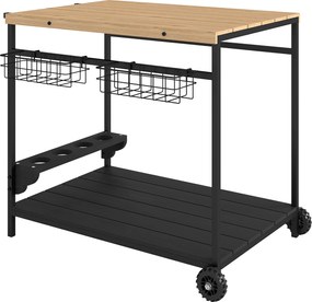 Outsunny Fa Görgős Tálalókocsi 2 Polccal, 2 Fém Kosárral és Boros Üveg Tartókkal Kerthez és Teraszhoz 97,5x65x81 cm Természetes és Fekete | Aosom