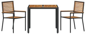 3 darabos Kerti Étkező Szett Fekete Poly Rattan Akácia, Egymásra Rakható Kerti Székek Párnákkal 2 db Fekete Poly Rattan