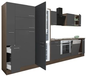 Yorki 370 konyhabútor yorki tölgy korpusz,selyemfényű antracit front alsó sütős elemmel polcos szekrénnyel és alulfagyasztós hűtős szekrénnyel