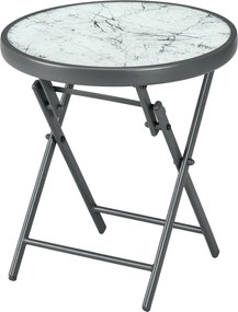Outsunny Összecsukható Oldalsó Asztal, Üveg Összecsukható Asztal Márvány Hatással, Kis Kempingasztal, Kerek Kávézó Asztal Erkély Asztalhoz, 45 x 45 x