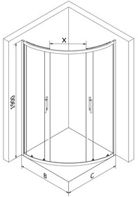 Mexen Rio, negyedkör alakú zuhanykabin tolóajtóval 90 x 90 cm, 5mm átlátszó üveg, fekete profil + fehér zuhanytálca, 863-090-090-70-00-4110B