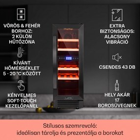 Klarstein Vinovilla 17 Built-in Duo Onyx Edition, kétzónás borhűtő, 53 liter, 17 palack, 3 színű LED világítás, üvegajtó