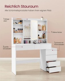 Fésülködőasztal LED-es tükörrel, modern stílus, felhőfehér