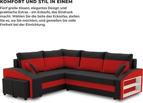 Grande sarokkanapé polcokkal és puffokkal , polc a jobb karfaban puffok a bal karfaban, baloldali, szövet anyag, hab töltet, fekete - piros