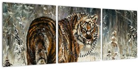 Kép - tigris a havas erdőben, olajfestmény (órával) (90x30 cm)