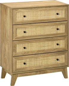 HOMCOM 4-fiókos Keskeny Komód Rattan Előlapokkal és Magas Lábakkal - Hálószobai Komód Nappaliba és Irodába 80x35x95 cm Természetes | Aosom