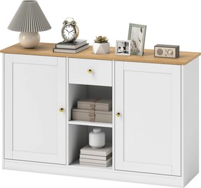HOMCOM Tálalószekrény Fiókos Tároló Szekrény, 2 Ajtó, 2 Nyitott Polccal, 120 x 35 x 75.2 cm, Fehér | Aosom