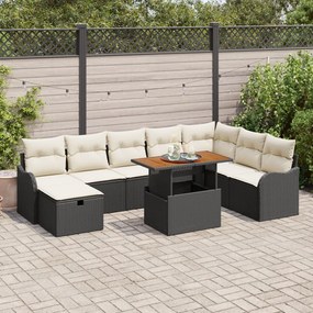 9 részes kerti kanapé szett párnákkal Fekete Polyrattan, 2 személyes kerti kanapé párnákkal Fekete Polyrattan