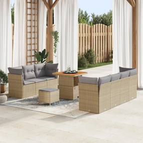 10 Darabos Kert Sofa Szett Párnákkal Bézs Poli Rattan Akác, 3 Darabos Kert Étkező Szett Párnákkal Bézs Poli Rattan Akác