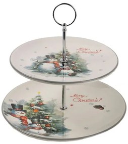 Hóemberes karácsonyi kerámia emeletes süteményestál kínáló