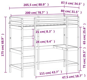 viaszbarna tömör fenyőfa galériaágy íróasztallal 80 x 200 cm