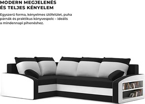 Grande sarokkanapé polcokkal , polc a jobb karfaban, baloldali, szövet anyag, hab töltet, fekete - fehér