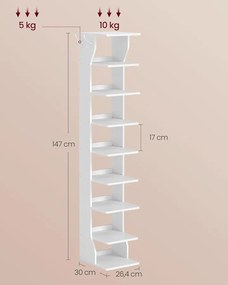 Keskeny cipőtartó, 9 szintes, 30 x 26,4 x 147 cm, matt fehér