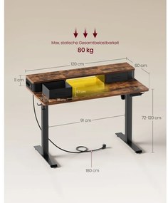 Íróasztal, elektromosan állítható magasság, rusztikus barna 60 x 120 x (72-120) cm