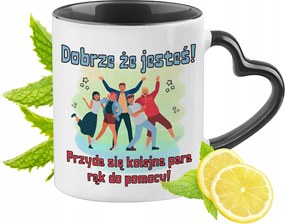 Munkahelyi üdvözlő bögre fekete, szív alakú füllel Ajándék