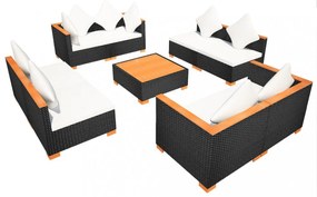 9-részes fekete polyrattan kerti bútorszett párnákkal