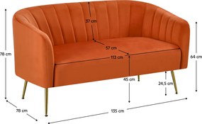 Design kétszemélyes kanapé, terrakotta Velvet szövet/gold króm-arany, BAGY