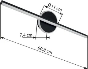 Globo 41924S Fali könnyű fém fekete matt, akril fehér, IP44, SZxM: 608x130mm, Mélység: 74mm, LED 10W 230V, 980lm forrás, 630lm kimenet, 4000K