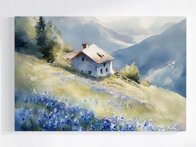 Poszter Tájkép Hegyek Házikó Terasz Kilátás Rét Virágok 60x40