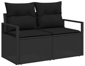 7 darabos kerti kanapé szett párnákkal fekete poli rattan akáccal, 2 személyes kerti kanapé párnákkal fekete poli rattan