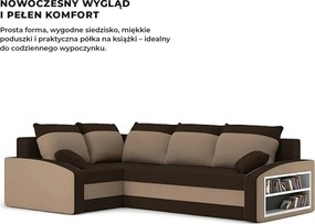 Grande sarokkanapé polcokkal , polc a jobb karfaban, baloldali, szövet anyag, hab töltet, barna