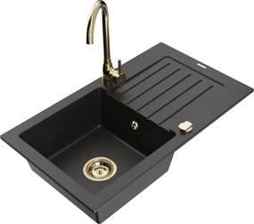 Mexen Pablo egymedencés gránit mosogató csepegtetővel és Telma konyhai csapteleppel, fekete/arany - 6510-75-670200-50