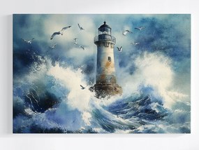 Vászonkép Canvas Világítótorony Tenger Víz Hullámok Vihar Sirályok 120x80