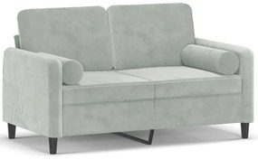 2 személyes világosszürke bársony kanapé díszpárnákkal 120 cm