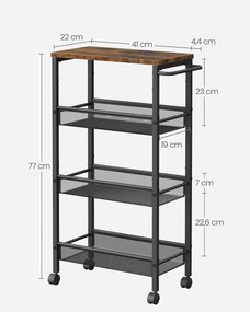 4 szintes kocsitálca, helytakarékos gurulós konyhakocsi, 22 cm mély, barna és fekete színben