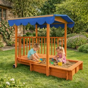 HAPPY verandás homokozó, 130x130x143cm, barna/kék Jurhan