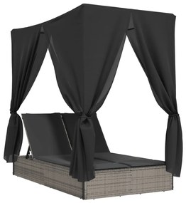 Szürke polyrattan dupla napozóágy tetővel és függönyökkel
