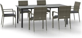 vidaXL 7 részes fekete és szürke polyrattan kerti étkezőszett párnával