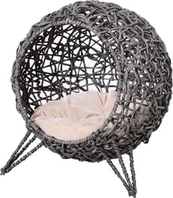 PawHut Rattan Macskaodú Párnával, Macska Alvóhely, Macska Barlang Emelt Lábakkal Ezüst Szürke Ø52 x 58 cm | Aosom