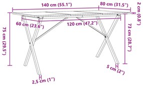 tömör fenyőfa és öntöttvas étkezőasztal X-vázzal 140x80x75 cm