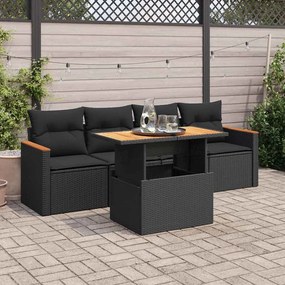 vidaXL 5 részes fekete polyrattan akácfa kerti kanapészett párnákkal