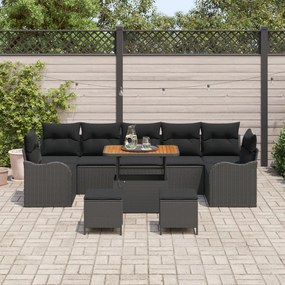 10 darabos kerti kanapé szett párnákkal, fekete, poli rattan, akác, 2 személyes kerti kanapé tárolóval és párnákkal, fekete poli rattan, 3 darabos kerti étkező szett párnákkal, fekete poli rattan, akác