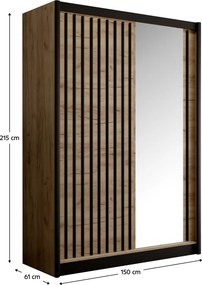 Tolóajtós szekrény, craft tölgy/fekete, 150x215 cm, LADDER