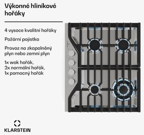 Klarstein Turbocast gáz főzőlap, 304 rozsdamentes acél, 4 égő, professzionális öntöttvas tartó, wok-égő