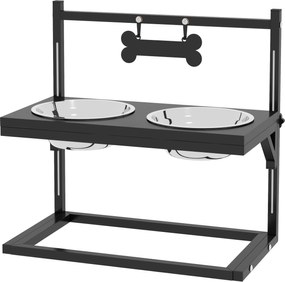 PawHut Emeltetett Kutya Tál Magasságban Állítható Étel Tál Állvánnyal Csontformájú Fém Lappal, 2 x 900ml Rozsdamentes Acél Tálak, Állítható Kutya Tál