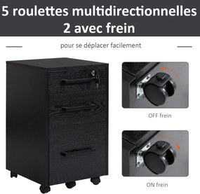 HOMCOM Görgős Irodai Szekrény 3 Fiókkal, 1 Zárhatóval, 1 Iratrendezővel MDF Részecskéből, Fekete | Aosom