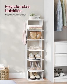 7 szintes keskeny cipőtartó 2 akasztóval, 26,4 × 30 × 110,4 cm, fehér